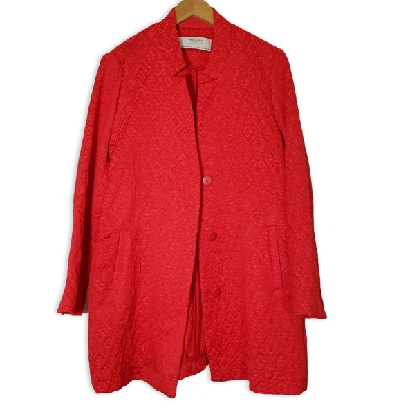 VGUC Zara Jacquard Herringbone Buttoned Mid Length Coat Red Size Large - Picture 4 of 16